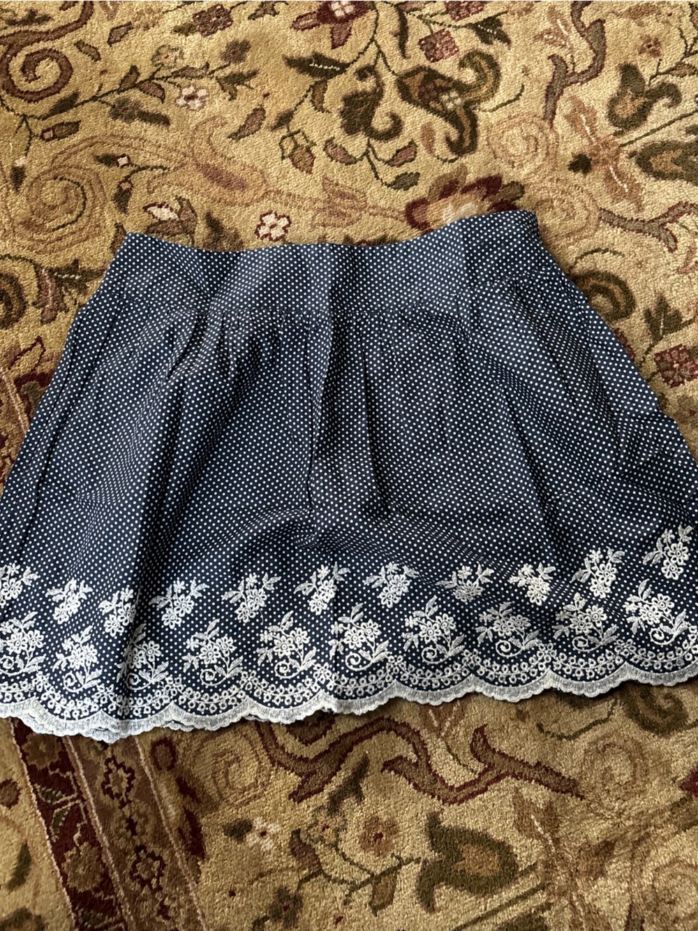 Forever 21 Navy Polka Dot Mini Skirt with White Lace Hem